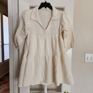 Altar’d State Cream Collared Tiered Tunic Top Large Cotton Boho Style #MDR8963